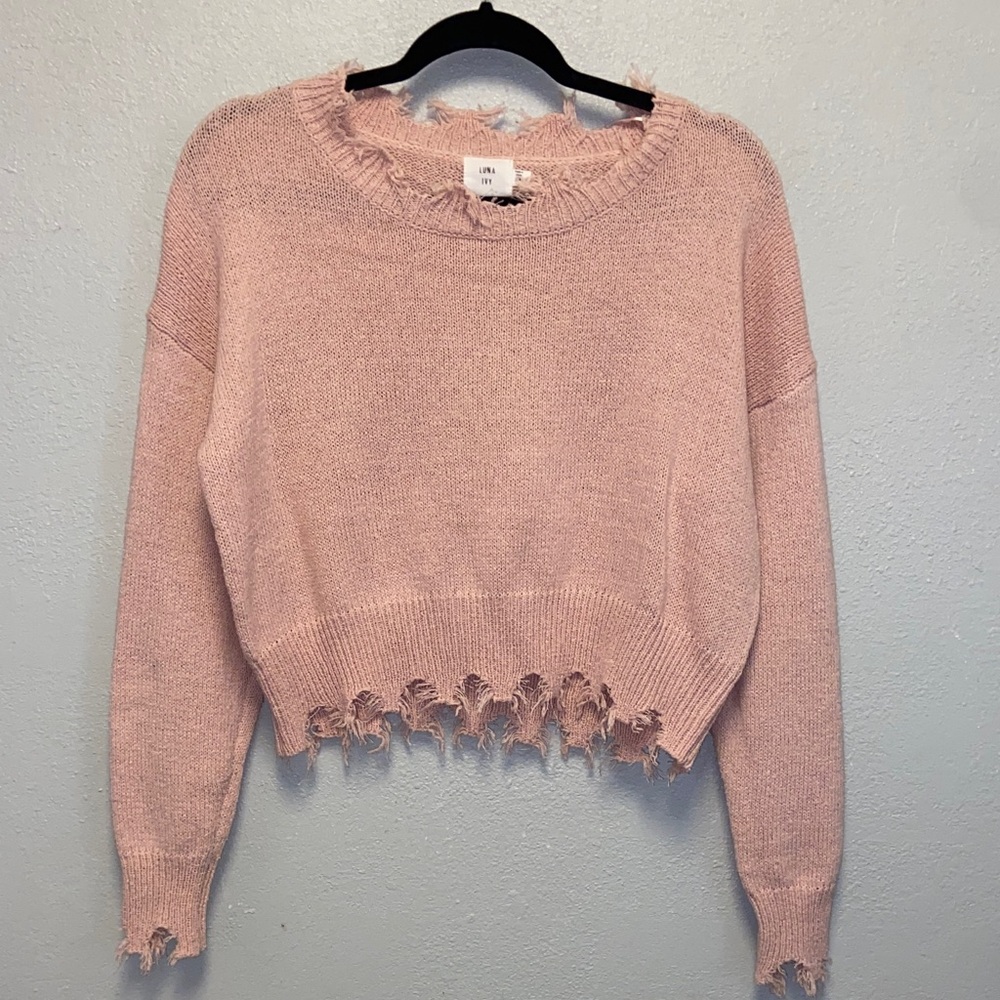 Luna Ivy Cropped Distressed Raw Hem Cuffs Collar Pink Grunge Streetwear Sweater